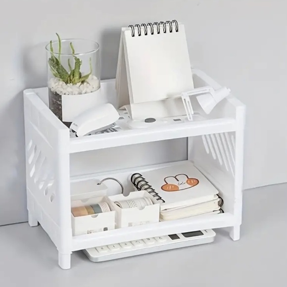 White Plastic Desktop Storage Rack -Multi-Functional Rectangular Organizer Shelf - Picture 1 of 8